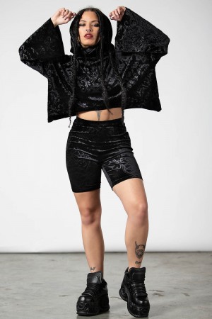 Killstar Anesthesia Velvet Cropped Hoodie Černé | MWLEBY-982