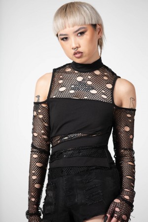 Killstar Burn Out Fishnet Crop Top Černé | DOTAUV-913