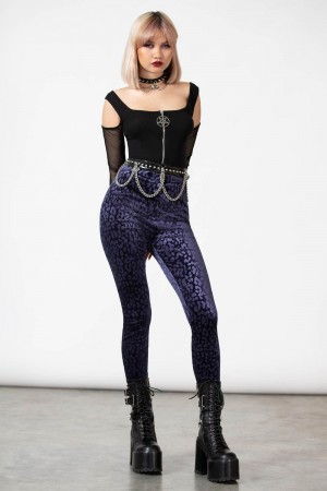 Killstar Caturday Leggings [PLUM] Fialové | YODLGN-052