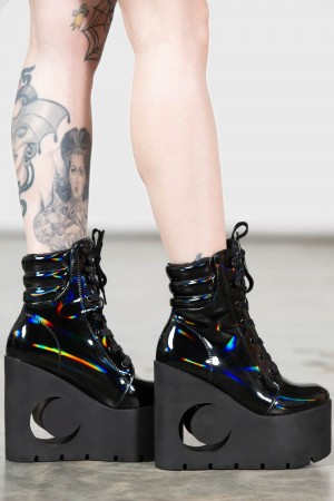 Killstar Diana Crescent Klínku Boots [BLACK HOLOGRAPHIC] Černé | RZNDUC-279