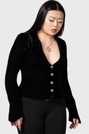 Killstar Evelina's Enhancement Velvet Plunge Shirt Černé | PGYFID-357