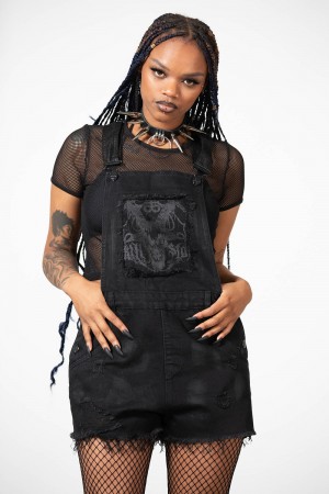 Killstar Foreteller Patch Denim Overalls Černé | APTWXC-394