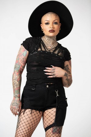 Killstar Fury Silniční Denim Garter Shorts Černé | PVLQAM-089