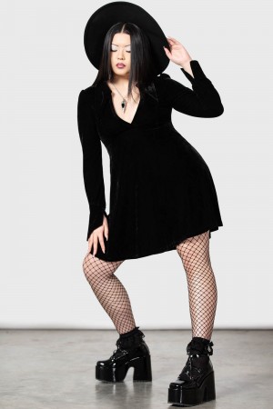 Killstar Hecate Velvet Plunge Šaty Černé | JABIZP-736