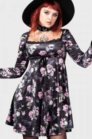 Killstar Imperia Long Sleeve Šaty [BLACK/PINK] Růžové | DYHEMK-789