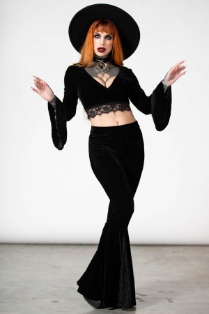 Killstar Marisol Velvet Bell Bottoms Černé | NIGDXK-246