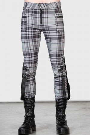Killstar Office Riot Páskové Trousers [GREY TARTAN] Šedé | HWUDSE-496