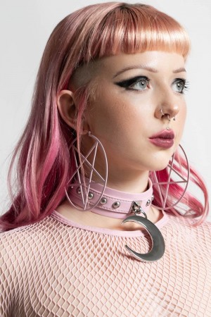 Killstar Pentagram Hoop Earrings [PASTEL PINK] Růžové | AHDPWF-324