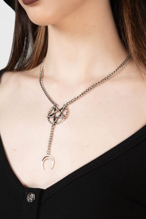 Killstar Pentagram Moon Drop Choker Stříbrné | GBPMYD-290