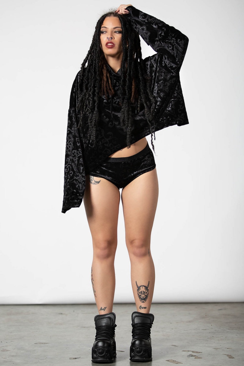 Killstar Anesthesia Velvet Cropped Hoodie Černé | BEPGCM-576