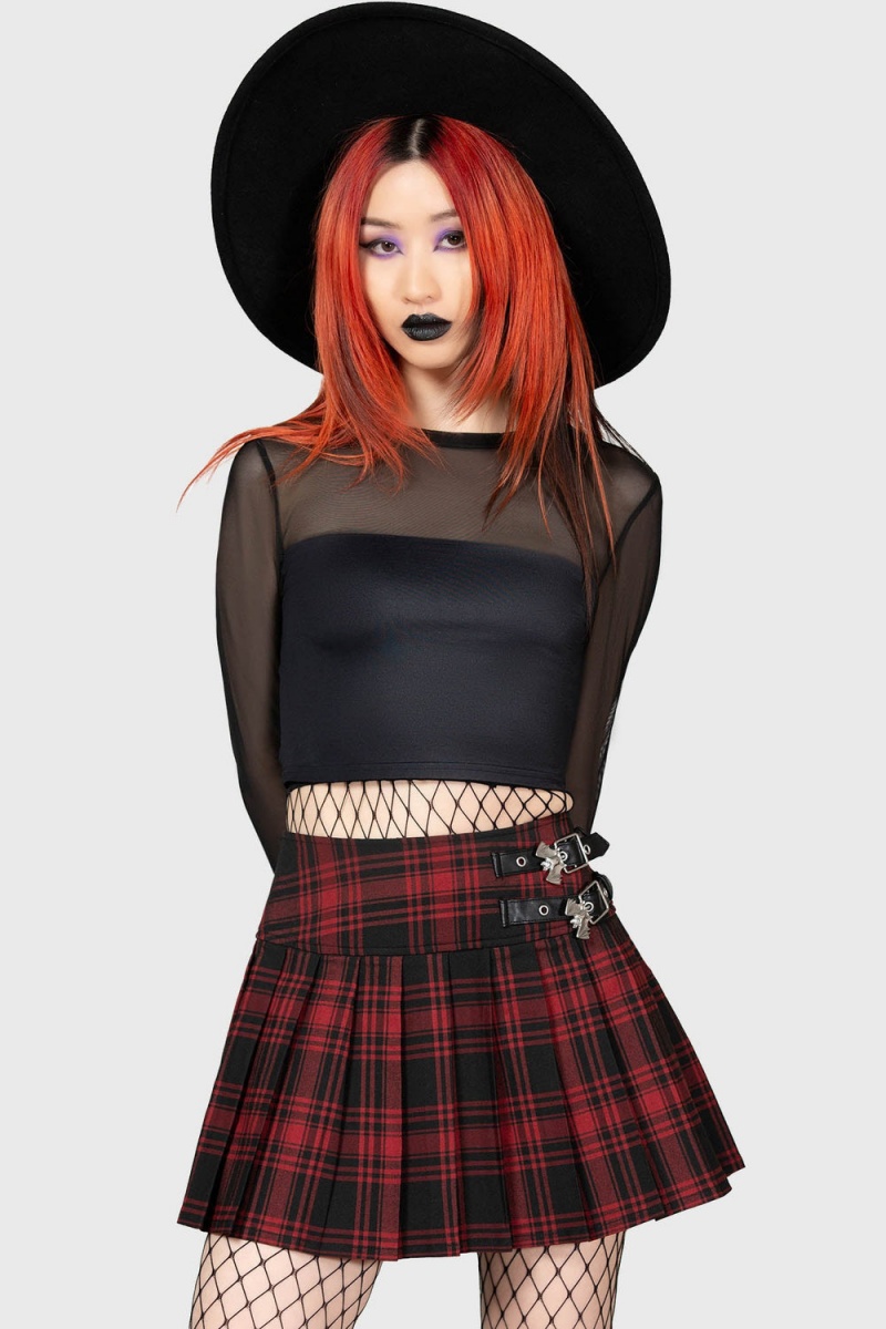 Killstar Bat Girl Skirt [TARTAN] Červené | NVRAOZ-823