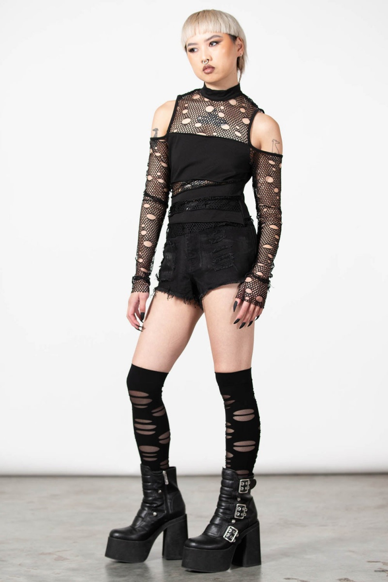 Killstar Burn Out Fishnet Crop Top Černé | DOTAUV-913