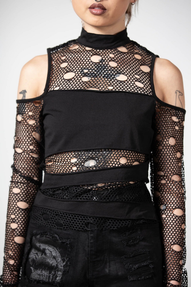Killstar Burn Out Fishnet Crop Top Černé | DOTAUV-913