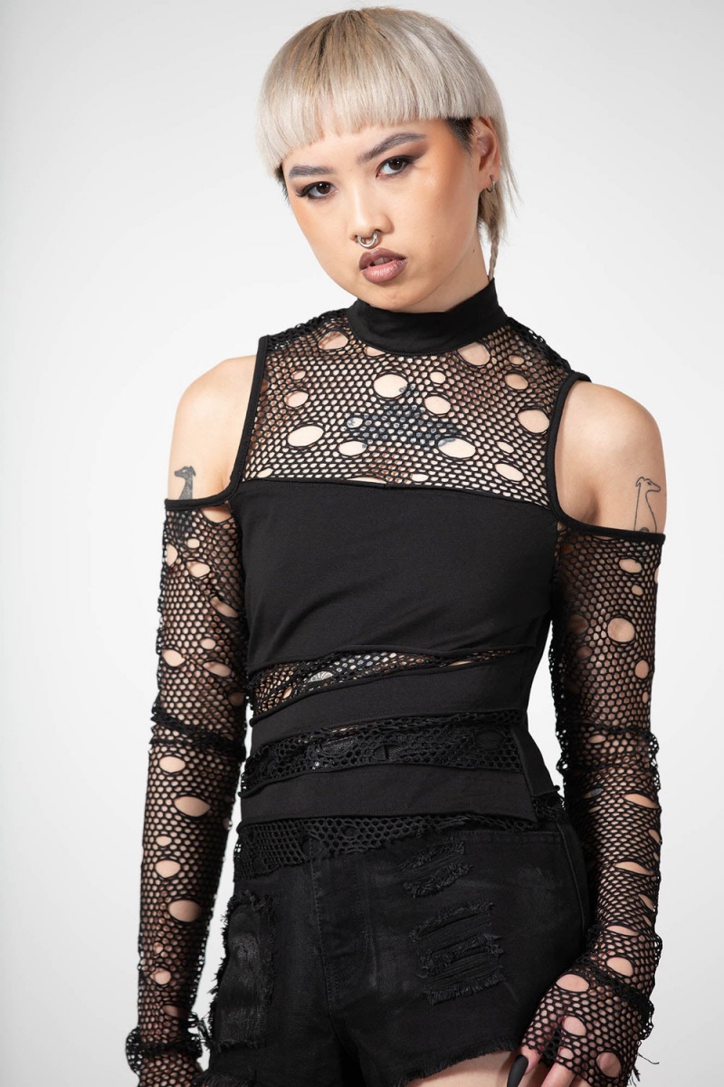 Killstar Burn Out Fishnet Crop Top Černé | DOTAUV-913