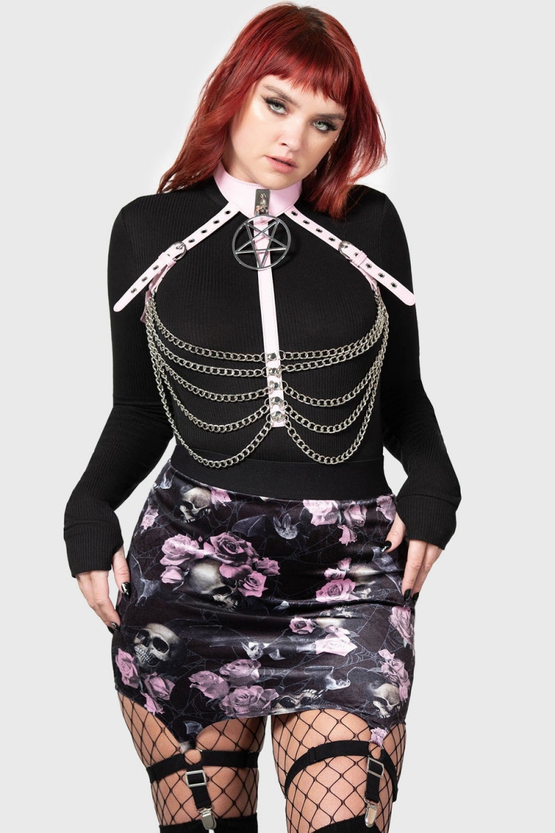 Killstar Cassandra Velvet Mini Skirt [BLACK/PINK] Růžové | ZPXFQU-865