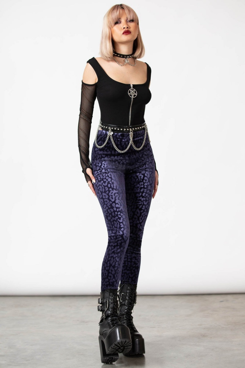 Killstar Caturday Leggings [PLUM] Fialové | YODLGN-052