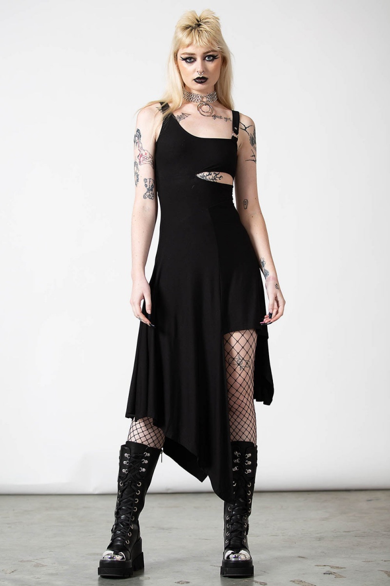 Killstar Corvia Asymmetric Šaty Černé | MWIZLR-137