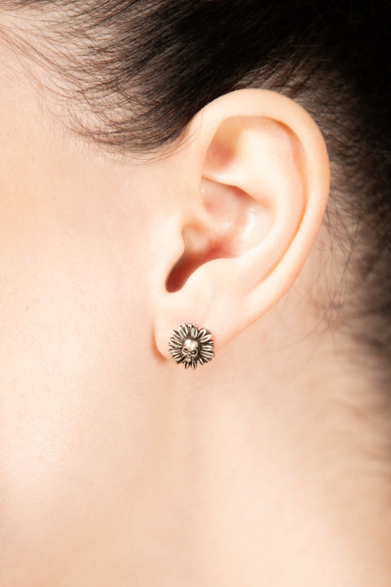 Killstar Daisy Skull Earrings Stříbrné | MDQSAF-641