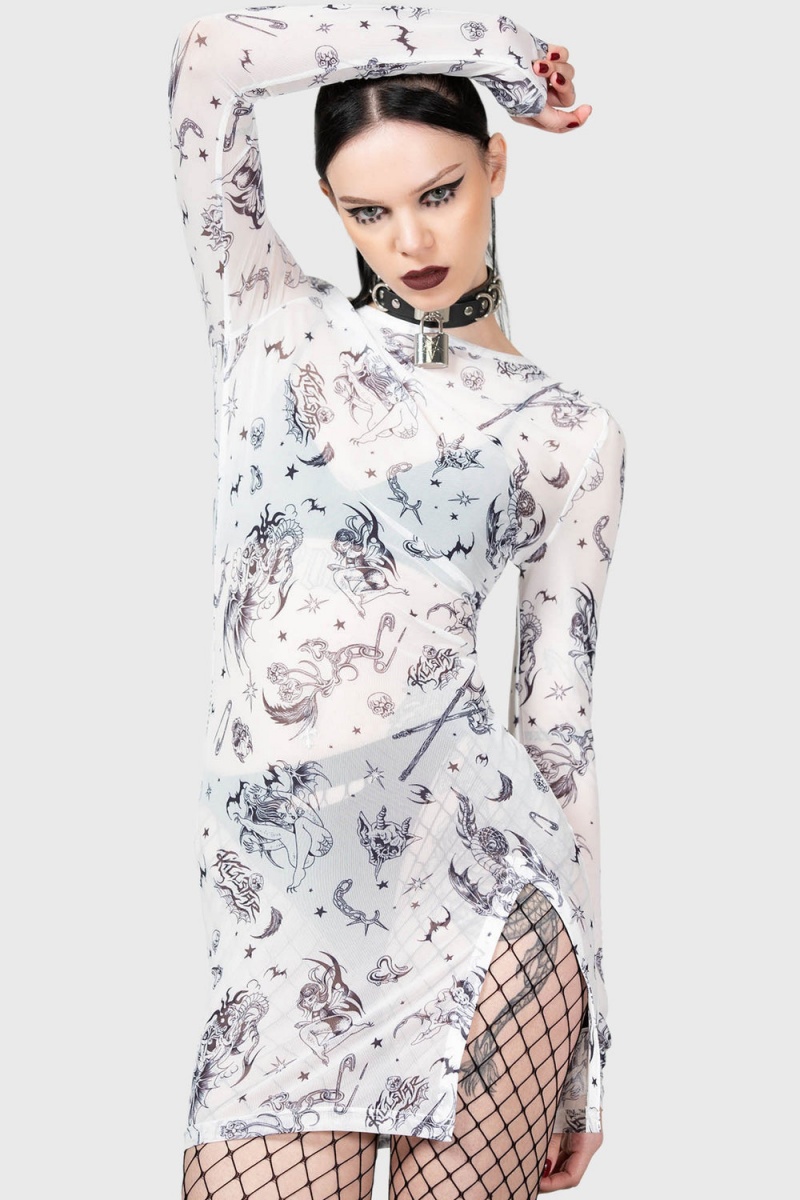 Killstar Dazed Skull Šaty Bílé | CBIHUX-305