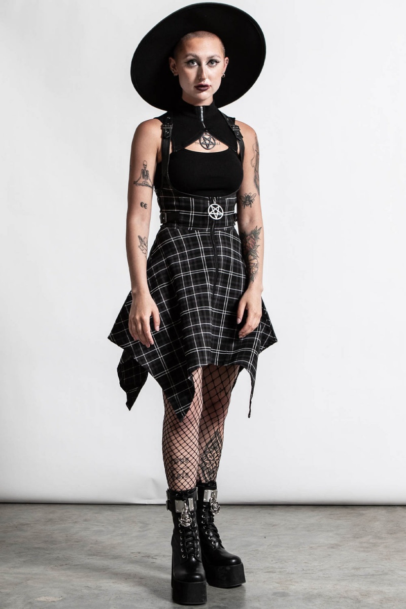 Killstar Dazed & Confused Suspender Skirt [ASH TARTAN] Šedé | HFRQCU-605