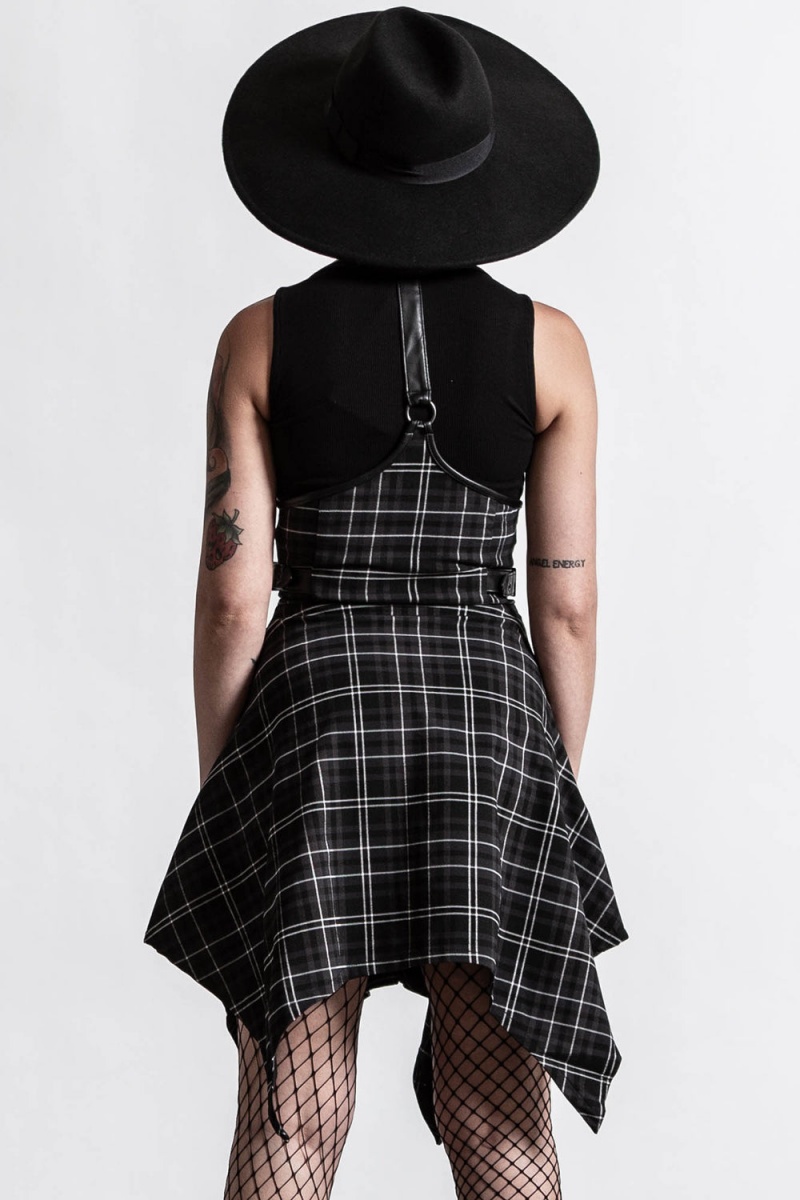 Killstar Dazed & Confused Suspender Skirt [ASH TARTAN] Šedé | HFRQCU-605