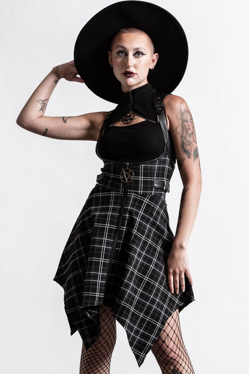 Killstar Dazed & Confused Suspender Skirt [ASH TARTAN] Šedé | HFRQCU-605