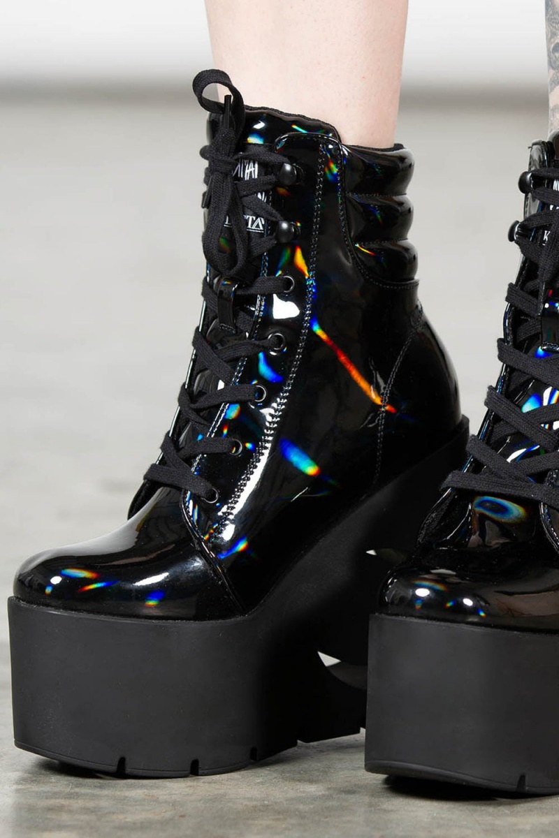 Killstar Diana Crescent Klínku Boots [BLACK HOLOGRAPHIC] Černé | RZNDUC-279