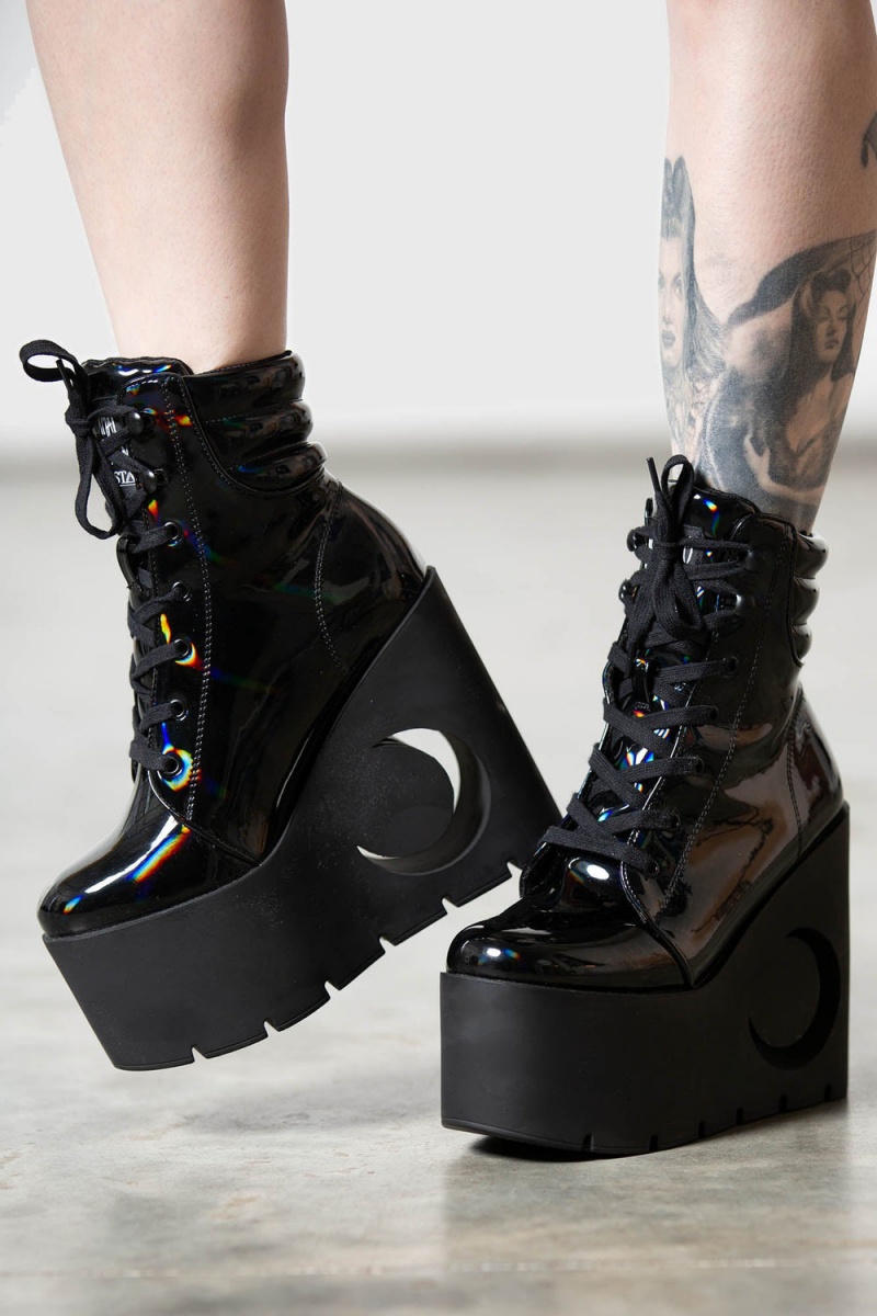 Killstar Diana Crescent Klínku Boots [BLACK HOLOGRAPHIC] Černé | RZNDUC-279