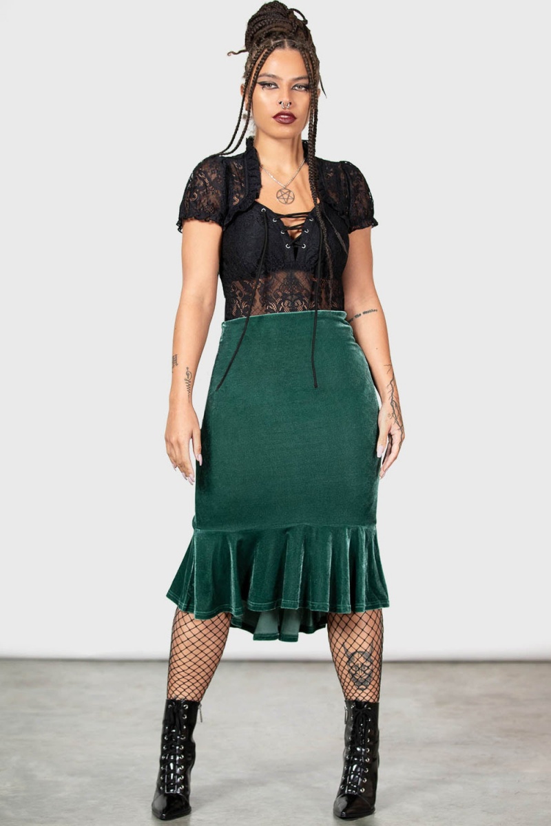 Killstar Drusilla Midi Skirt [GREEN] Zelene | ZSRNQW-271