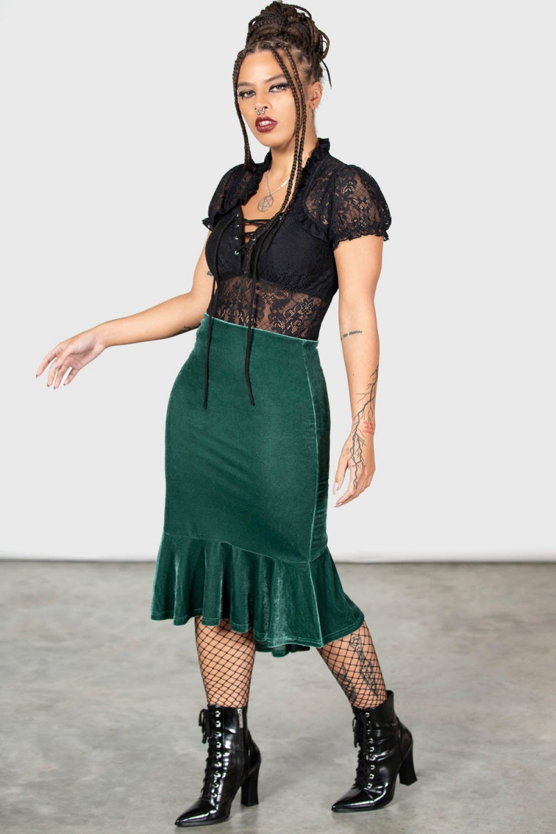 Killstar Drusilla Midi Skirt [GREEN] Zelene | ZSRNQW-271