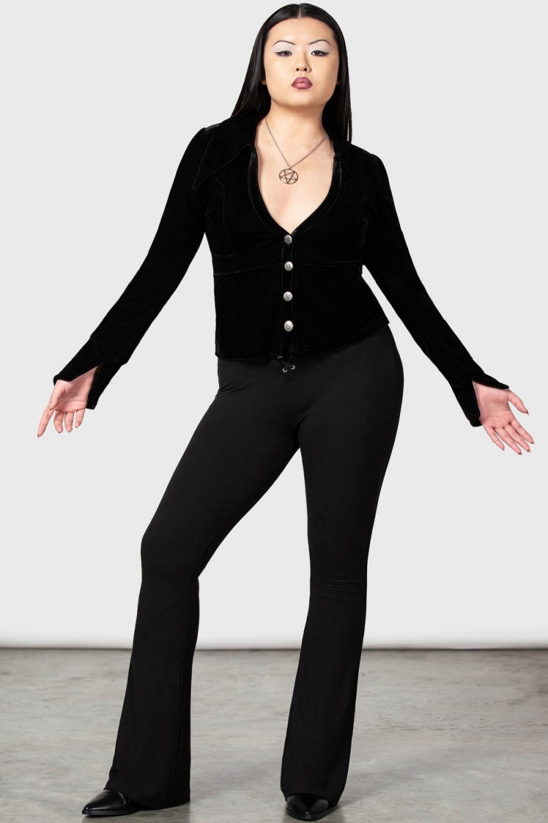 Killstar Evelina's Enhancement Velvet Plunge Shirt Černé | PGYFID-357