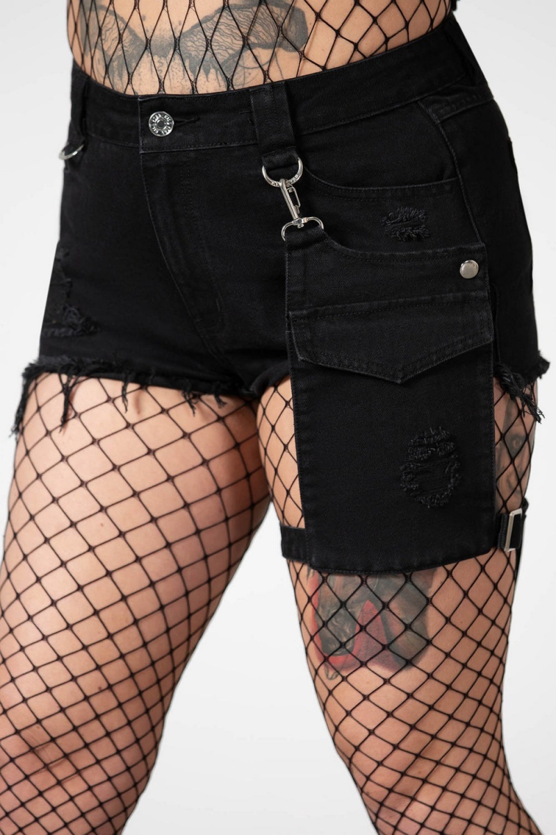 Killstar Fury Silniční Denim Garter Shorts Černé | PVLQAM-089