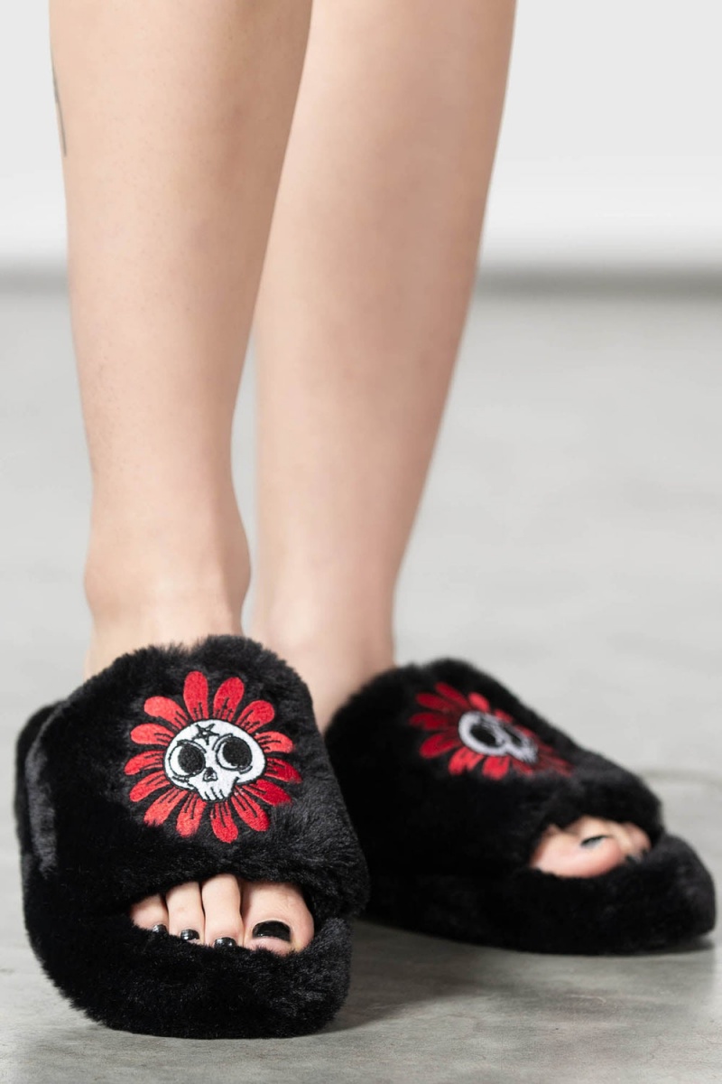 Killstar Gloomy Daze Fur Slippers Černé | ECPYVW-487
