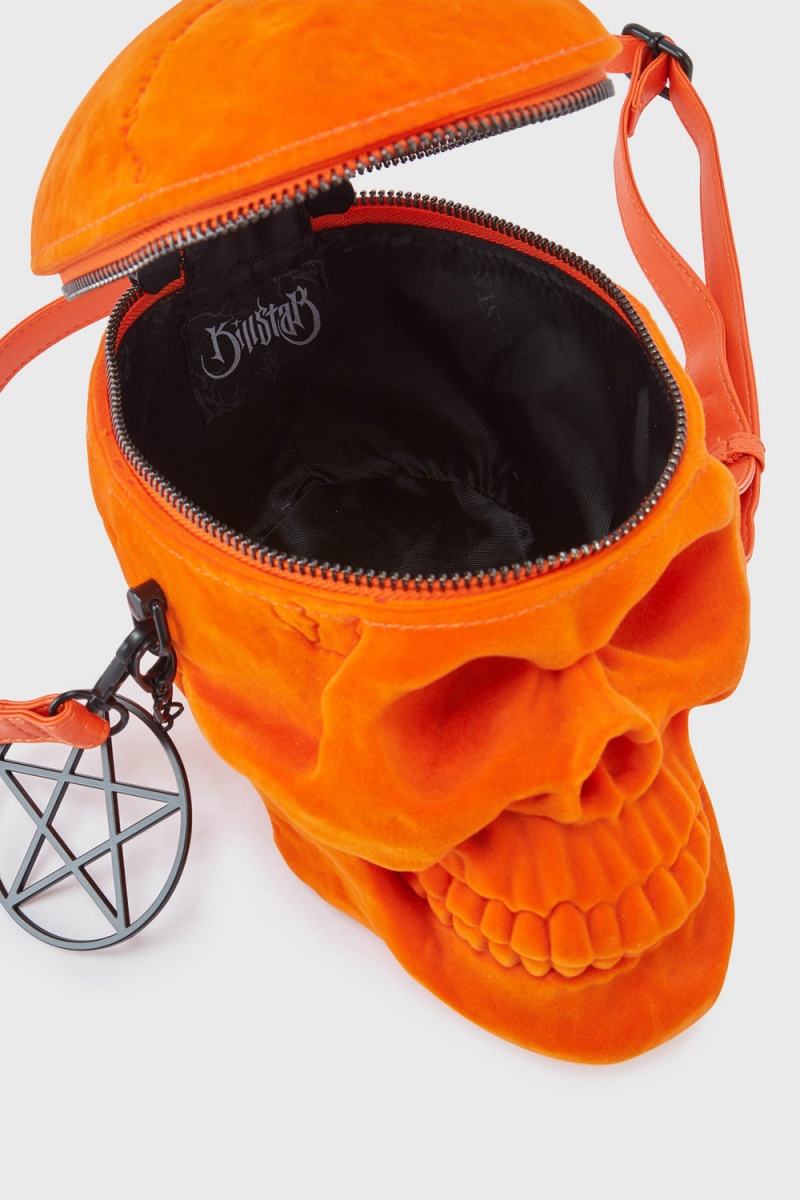 Killstar Grave Digger Skull Handbag [ORANGE VELVET] Oranžové | VXCGZB-798