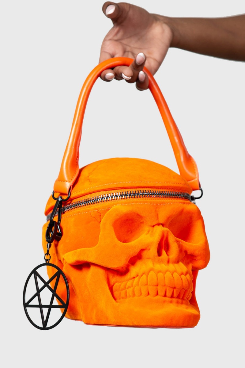 Killstar Grave Digger Skull Handbag [ORANGE VELVET] Oranžové | VXCGZB-798
