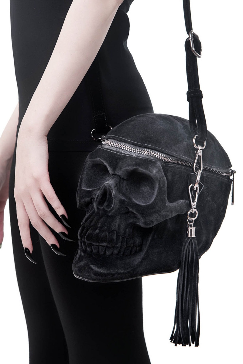 Killstar Grave Digger Skull Handbag [VELVET] Černé | NQHFTC-918