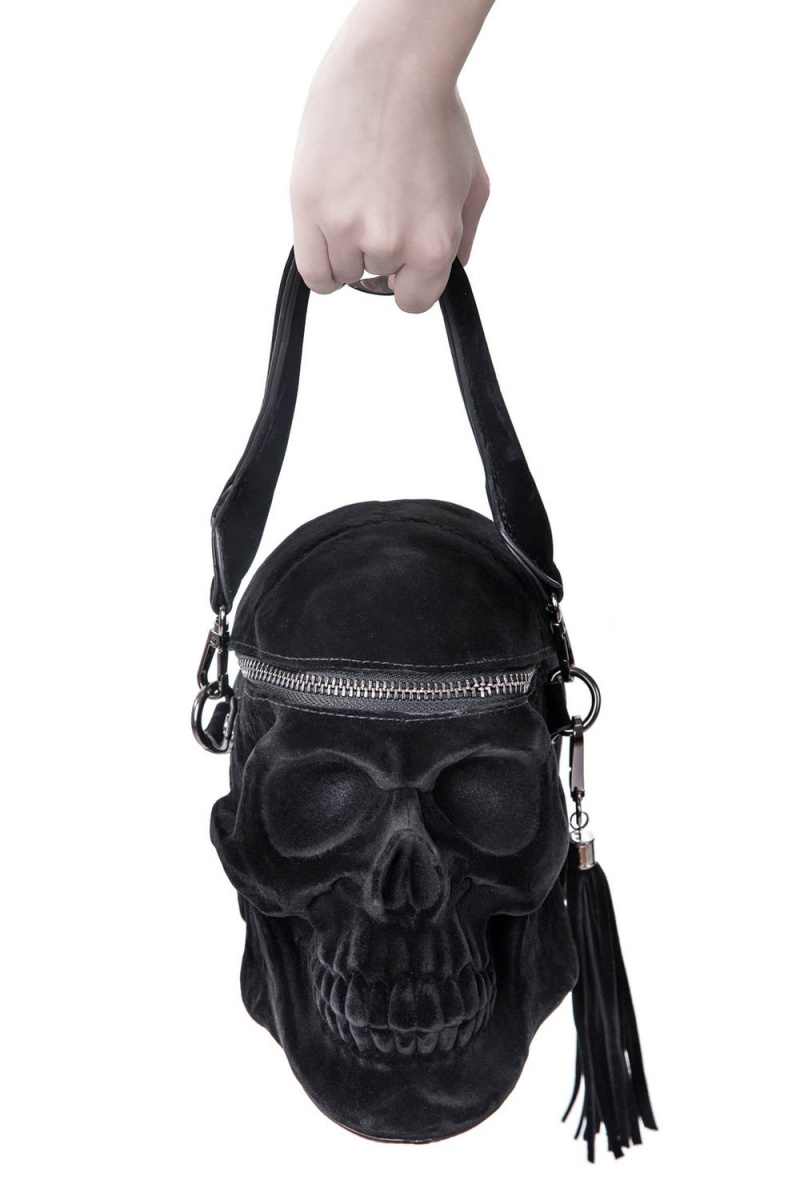 Killstar Grave Digger Skull Handbag [VELVET] Černé | NQHFTC-918