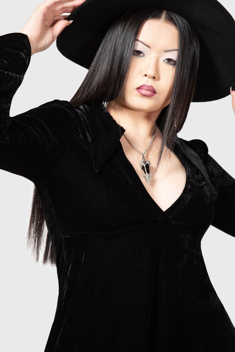 Killstar Hecate Velvet Plunge Šaty Černé | JABIZP-736