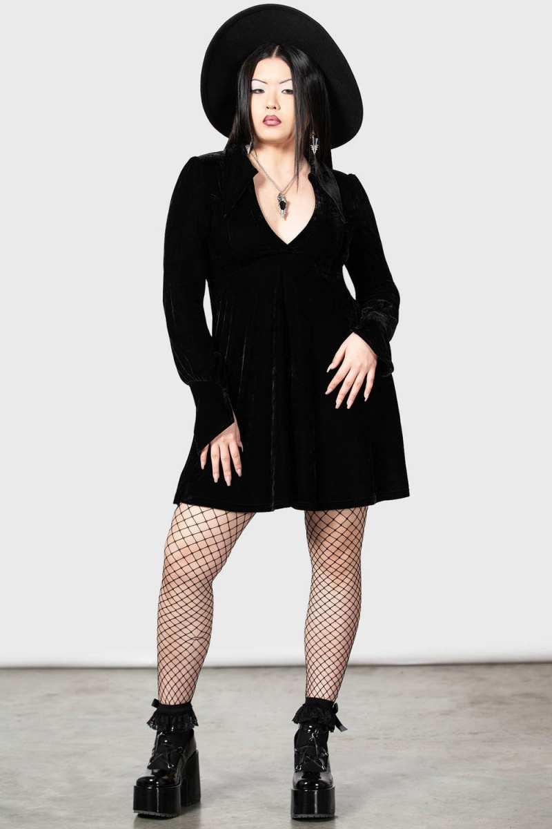 Killstar Hecate Velvet Plunge Šaty Černé | JABIZP-736