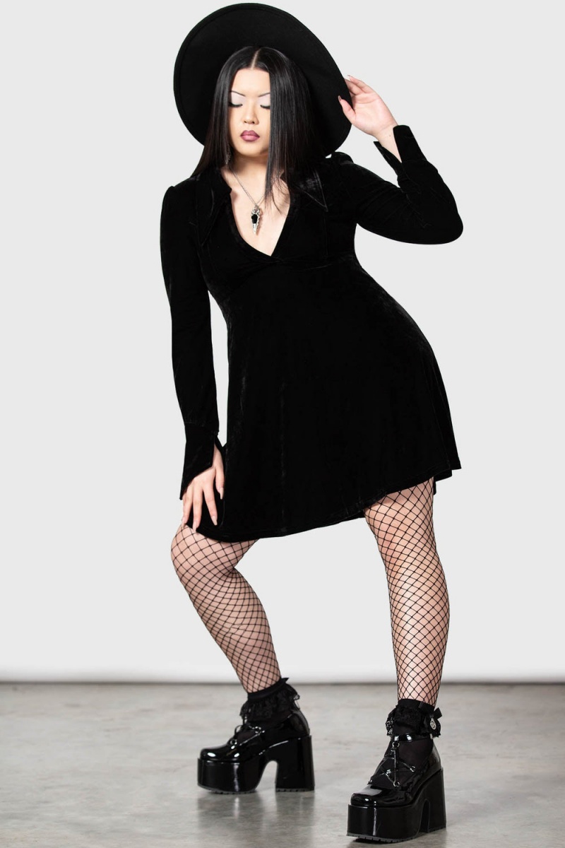Killstar Hecate Velvet Plunge Šaty Černé | JABIZP-736