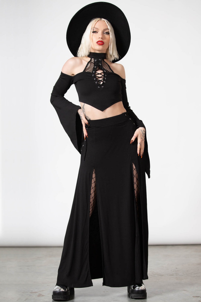 Killstar Hellverina Split Maxi Skirt Černé | UIKPYA-198