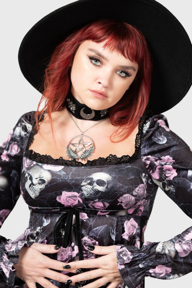 Killstar Imperia Long Sleeve Šaty [BLACK/PINK] Růžové | DYHEMK-789