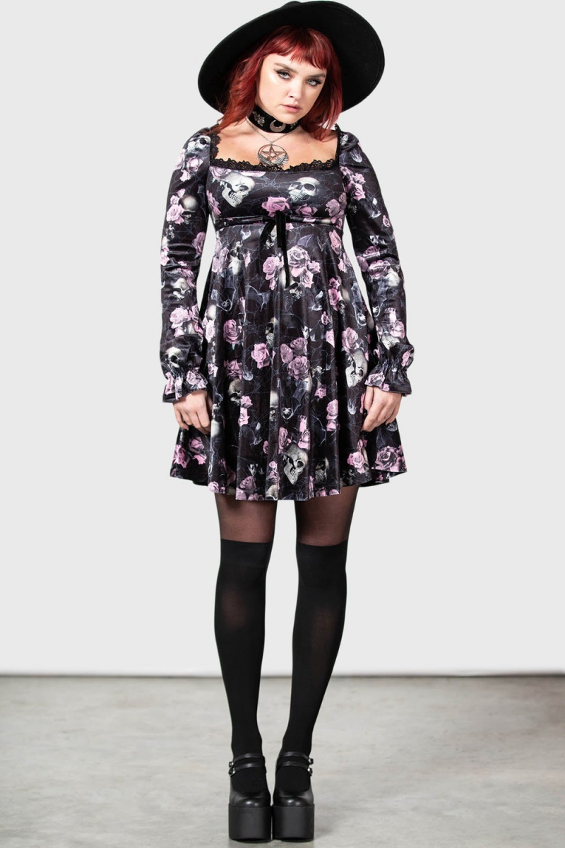 Killstar Imperia Long Sleeve Šaty [BLACK/PINK] Růžové | DYHEMK-789