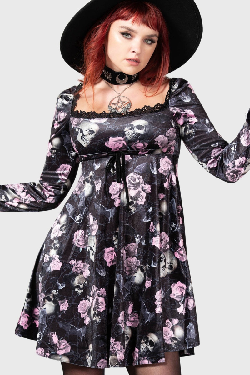 Killstar Imperia Long Sleeve Šaty [BLACK/PINK] Růžové | DYHEMK-789