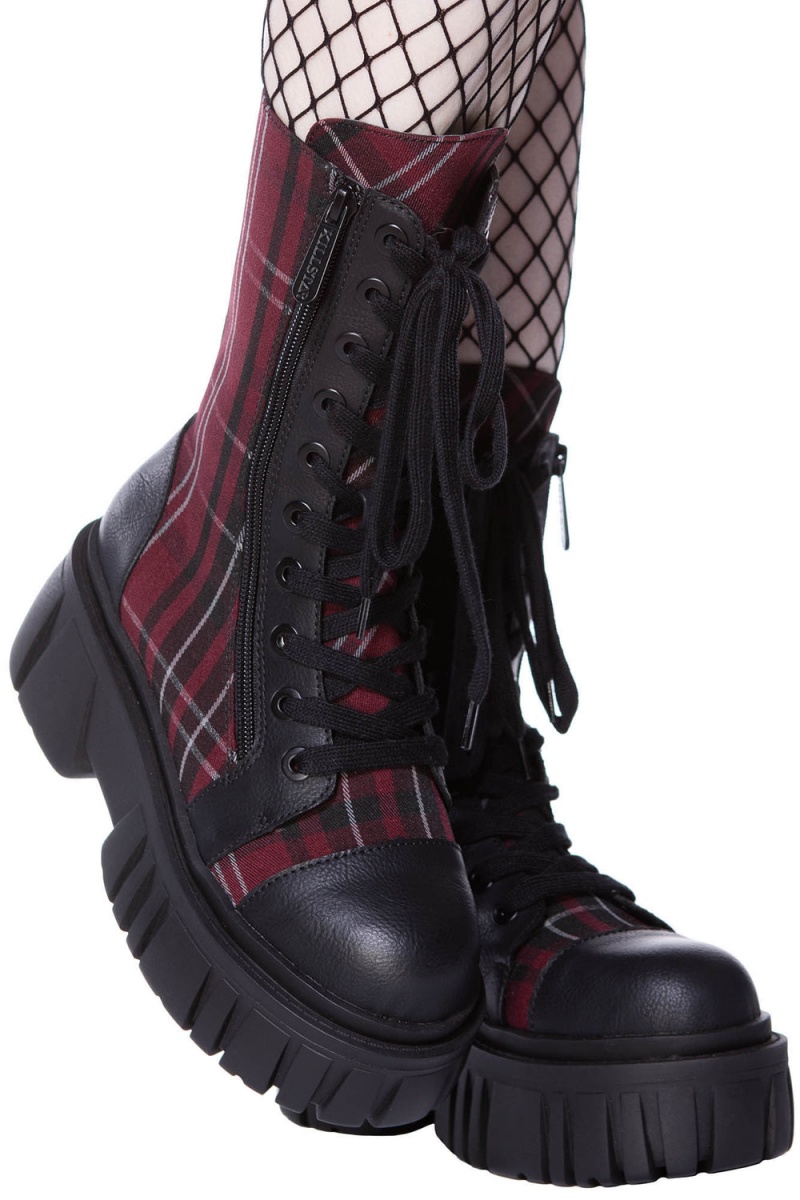 Killstar Kick The Bucket Boots [BLOOD TARTAN] Červené | ICFZXD-470