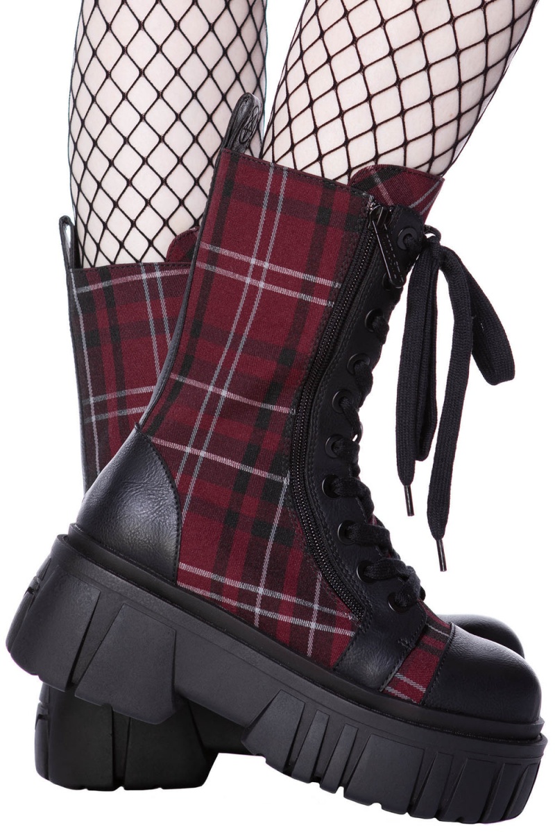 Killstar Kick The Bucket Boots [BLOOD TARTAN] Červené | ICFZXD-470