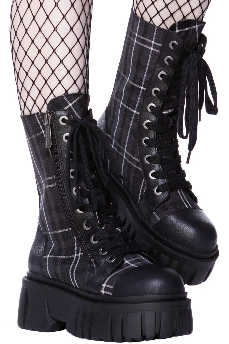 Killstar Kick The bucket Boots [ASH TARTAN] Šedé | XTAHLS-293