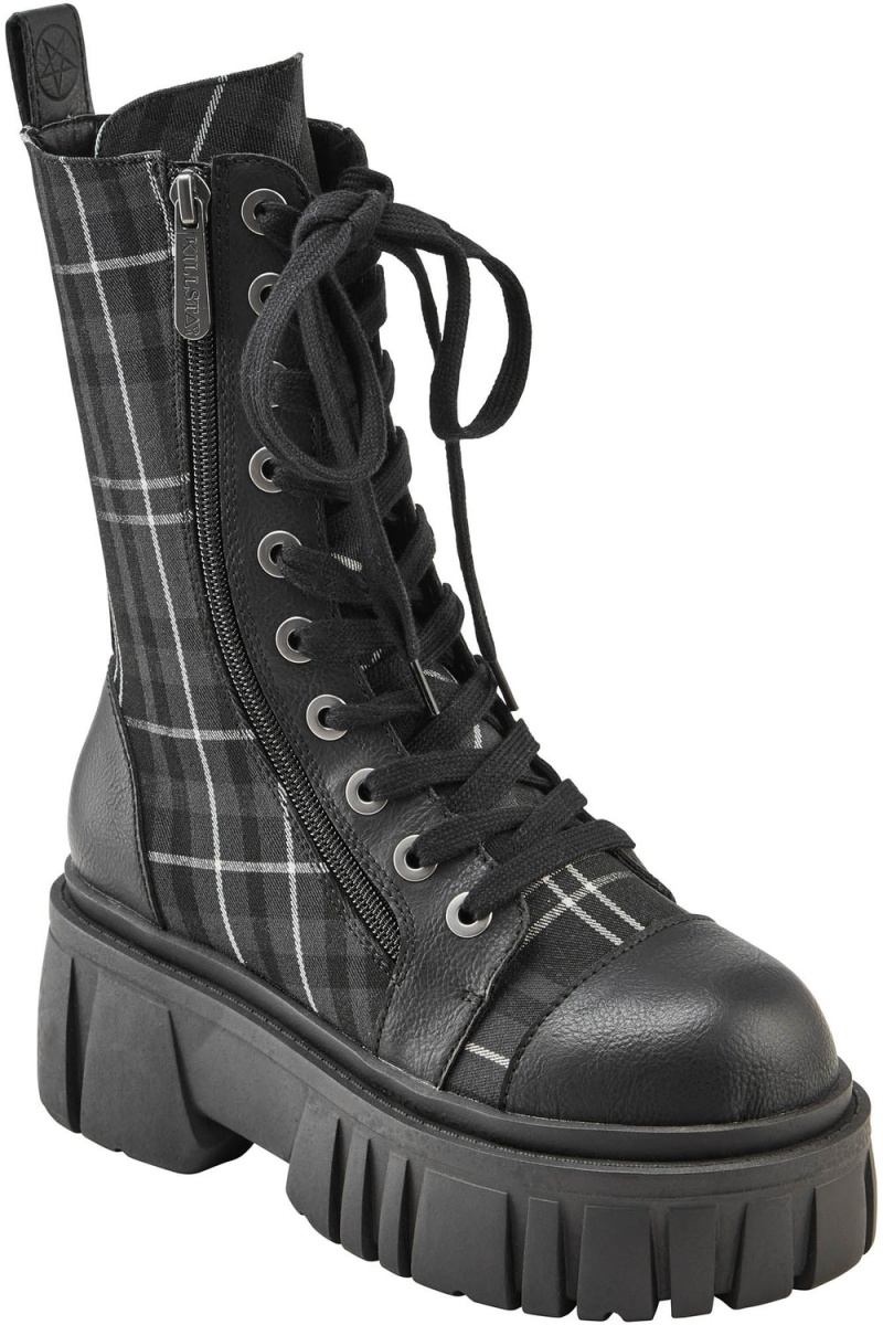 Killstar Kick The bucket Boots [ASH TARTAN] Šedé | XTAHLS-293