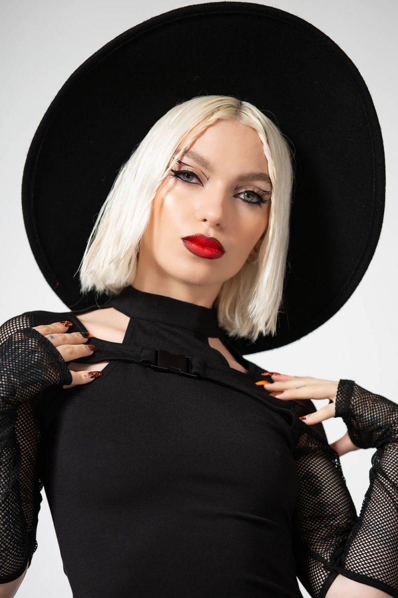 Killstar Lazer Beam Fishnet Sleeve Top Černé | UOCNGX-186