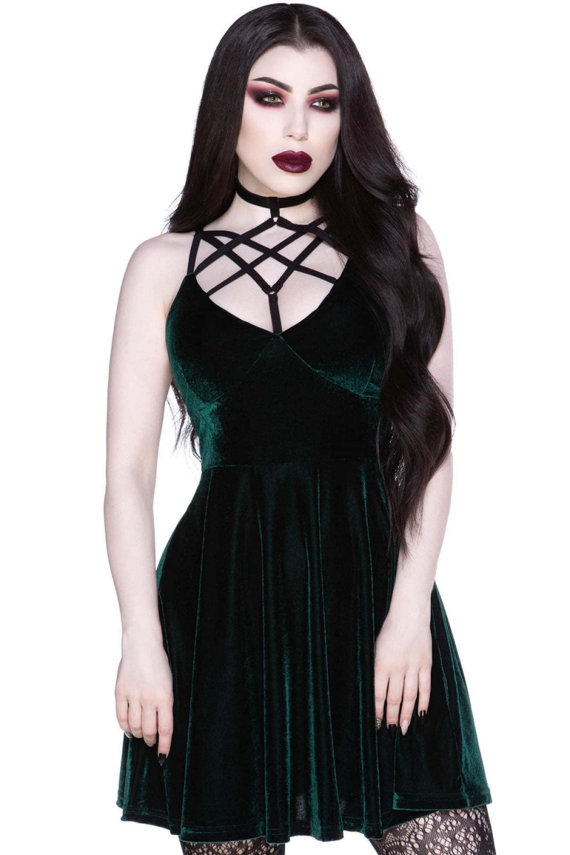 Killstar Magica Skater Šaty [EMERALD] Zelene | IDZUPT-652